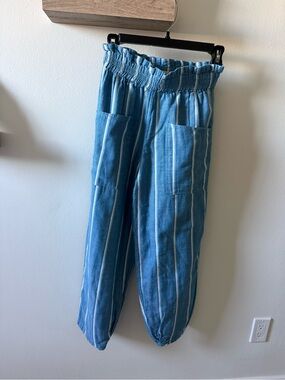 Kids Blue Striped Paperbag Waist Joggers